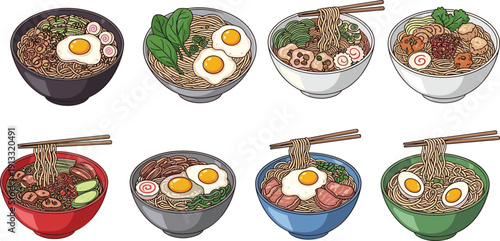 Ramen noodle bowls collection set. Asian soup with egg, meat and vegetables varieties. Japanese cuisine flat vector illustration bundle.