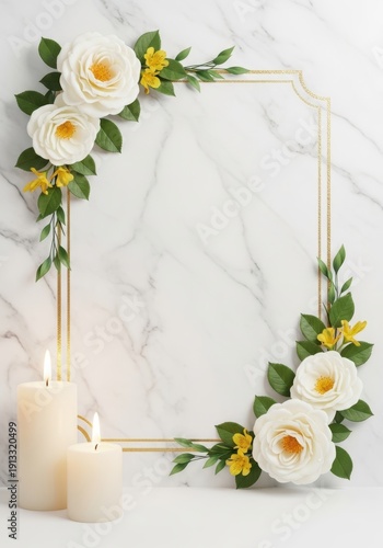 Elegant funeral invitation frame with lit candles and white roses. Marble background with gold border for memorial service or sympathy card. Peaceful design for remembrance.