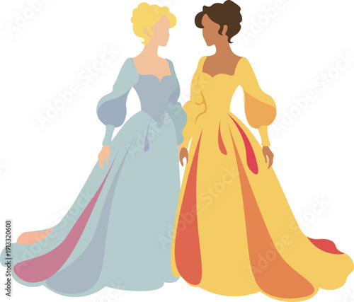 two ladies in ball gowns