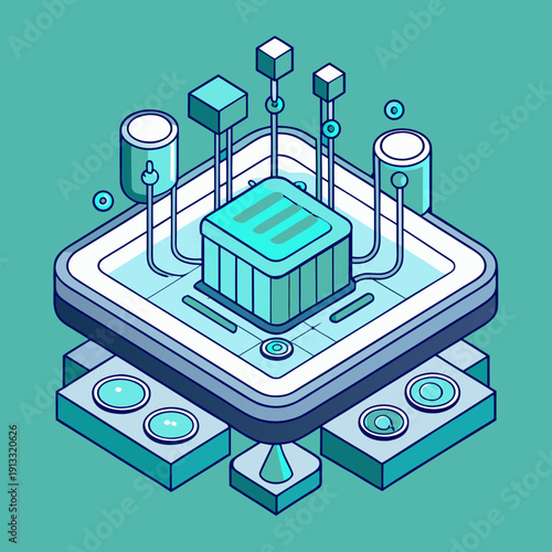 Thick Stroke Isometric Microfluidic Chip with Tubes Drops Containers Biotech Lab Single Vector Icon.