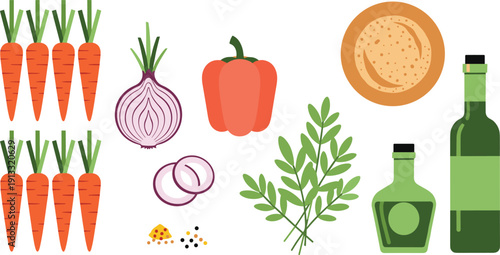 Fresh cooking ingredients collection set. Carrot, onion, pepper, herbs and oil bottles. Organic kitchen flat vector illustration bundle.