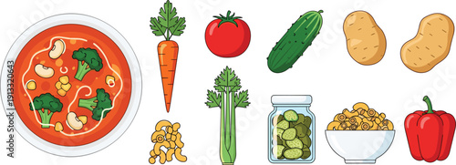 Healthy vegetables and soup ingredients set. Tomato, carrot, cucumber, potato and broccoli collection. Fresh organic food flat vector illustration.