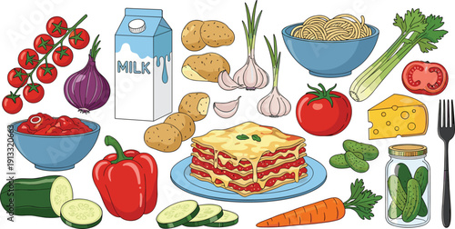 Cooking ingredients and food items set. Vegetables, cheese, pasta, milk and lasagna collection. Fresh kitchen flat vector illustration bundle.