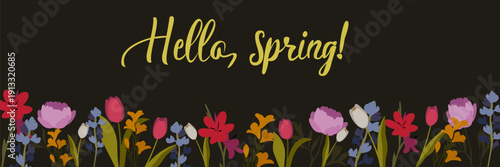 Colorful flowers and lush greenery create a vibrant border around the text Hello Spring flat lay image for social media. Beautiful spring flowers frame on dark background.
