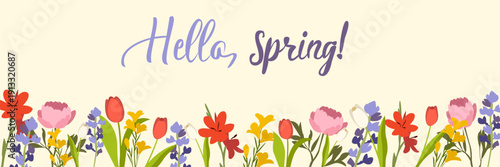 Colorful flowers and lush greenery create a vibrant border around the text Hello Spring flat lay image for social media. Beautiful spring flowers frame on soft light background.