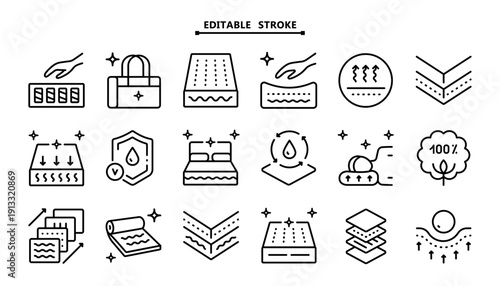 Sleep Mattress Icon Set: Outline Symbols for Latex Foam, Pocket Springs, Hypoallergenic Cover and Warranty