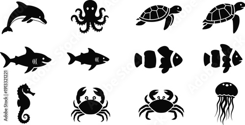 Black silhouette icons of dogs, pet care, and veterinary symbols for animal welfare, service branding, and design themes