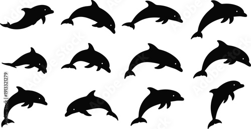 Dolphin Silhouette Collection Featuring Twelve Unique Swimming and Jumping Poses for Marine Life, Ocean Wildlife, and Design Use
