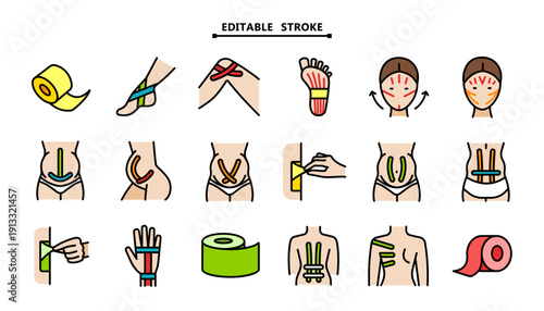 Kinesio Taping Icon Set: Pregnancy Support and Facial Aesthetics, Color Flat Symbols for Maternity Care and Beauty Rehabilitation