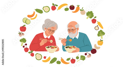 Elderly couple enjoying a healthy meal together, framed by a circle of fresh fruits and vegetables promoting nutritious eating.