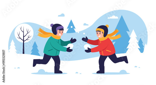 Two joyful boys in warm winter clothes having a fun snowball fight in a snowy landscape with pine trees in the background.