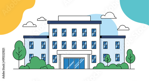 Simple flat line illustration of a modern school or hospital building exterior with trees, bushes, and clouds in the sky.