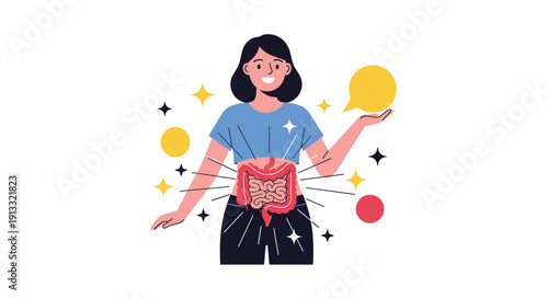 Smiling woman pointing to a healthy digestive system, illustrating the concept of good gut health, probiotics, and wellness.