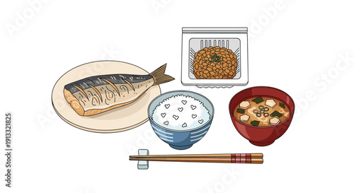Traditional Japanese breakfast set featuring grilled mackerel, a bowl of rice, miso soup, and a pack of natto with chopsticks.