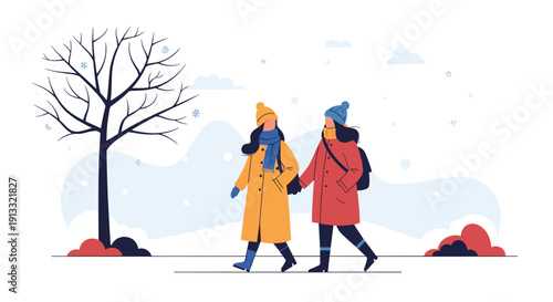 Two young women in warm coats, hats, and scarves holding hands while walking together through a snowy winter landscape.