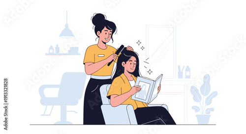 Female hairstylist brushing the hair of a happy woman who is sitting in a salon chair and reading a magazine during her appointment.