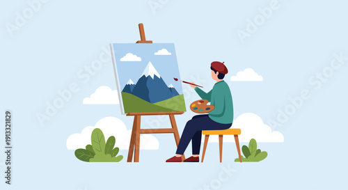 Male artist wearing a beret, sitting on a stool outdoors and painting a beautiful mountain landscape on a canvas with a paintbrush.