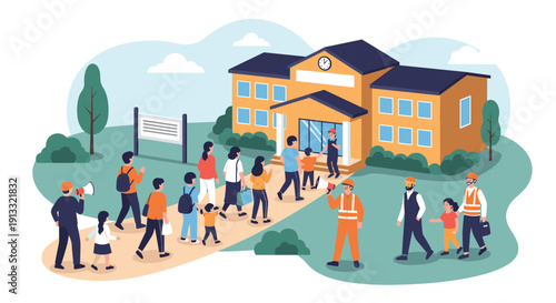 Community members, including families and children, gathering at a school building designated as an emergency evacuation shelter.