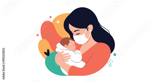 Loving mother wearing a protective face mask gently holding her newborn baby, symbolizing care during a pandemic or illness.