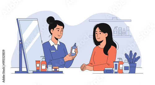 Beauty consultant at a cosmetics counter showing a skincare product to a female customer in a department store or shop.