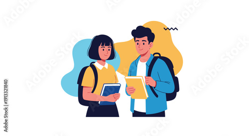 Two university students, a young man and woman with backpacks and books, talking and smiling together between classes on campus.
