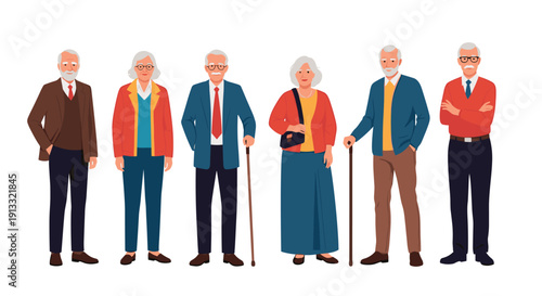 Group of six diverse elderly men and women standing together, dressed in stylish casual and formal outfits with some using canes.