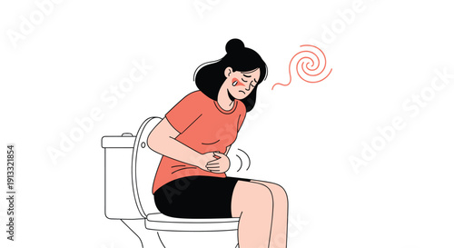 Young woman sitting on a toilet, clutching her stomach in pain, and feeling dizzy, illustrating symptoms of constipation or diarrhea.
