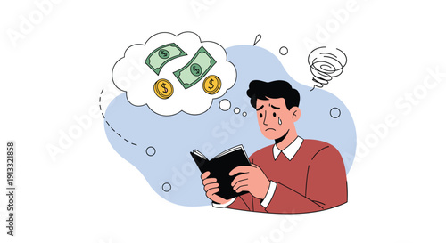 Sad, crying man looking at an empty wallet, thinking about money problems, torn banknotes, and financial crisis in a thought bubble.