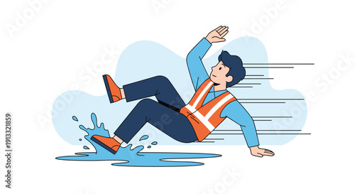 Male worker in a safety vest slipping and falling on a wet floor, illustrating a workplace accident and safety hazard.