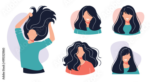 Collection of five illustrations showing a woman with beautiful, healthy, long black hair in various styles and poses.