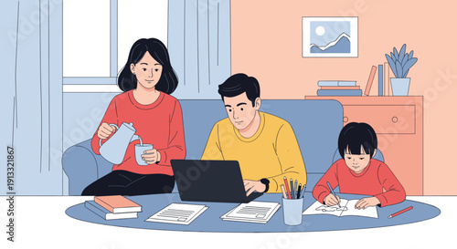 Family spending time together in the living room, with the father working on a laptop and the child drawing at the table.