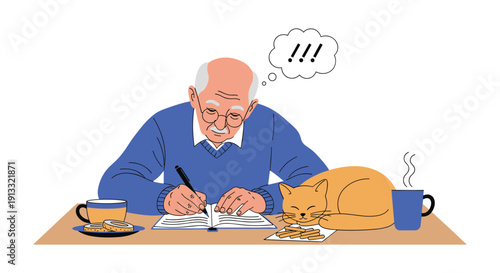 Elderly man with glasses writing in a diary or journal at a desk, having a sudden idea, with a sleeping cat nearby.