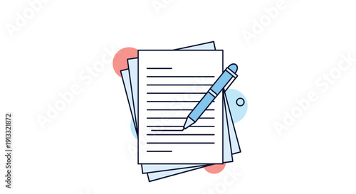 Stack of documents or paper sheets with a blue pen on top, representing paperwork, contracts, writing, or office work.
