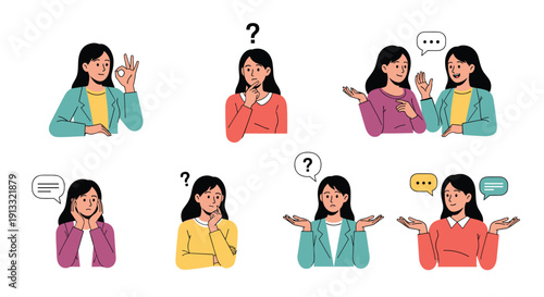 Set of illustrations showing a businesswoman in various poses and emotions, including thinking, talking, and making an okay sign.