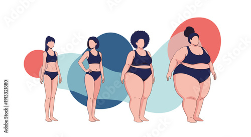 Illustration showing four women with different body types, from skinny to plus-size, promoting body positivity and diversity.