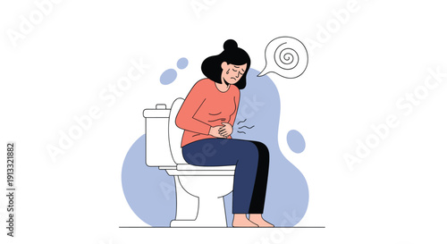 Woman suffering from severe abdominal pain and discomfort while sitting on the toilet, indicating a digestive health issue.