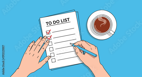 Top-down view of hands checking off items on a to-do list with a pen, next to a cup of coffee on a blue desk.