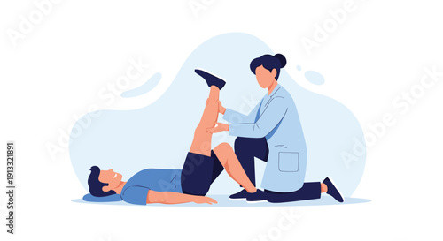 Female physiotherapist or doctor helping a male patient with leg rehabilitation exercises and physical therapy treatment.