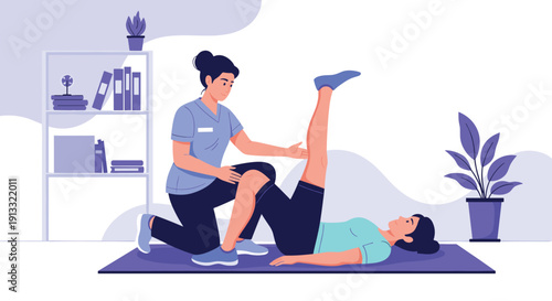 Female physiotherapist helping a woman with leg exercises and rehabilitation therapy on a mat in a clinic or at home for recovery.