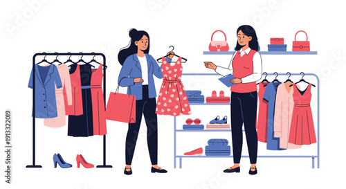 Young woman shopping for a new dress in a clothing store with the help of a friendly female shop assistant or personal stylist.