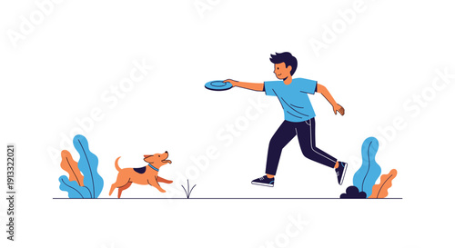 Young man playing with his happy dog in a park, throwing a frisbee for the pet to catch, illustrating an active outdoor lifestyle.