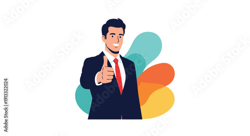 Confident and successful businessman in a formal suit smiling and showing a thumbs-up gesture of approval, positivity, or agreement.