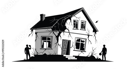 Monochromatic illustration of a derelict old house with large cracks and broken windows, symbolizing decay, abandonment, or disaster damage.