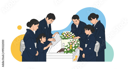 Japanese family in traditional black mourning kimonos gather around an open casket with flowers to pay their last respects at a funeral.