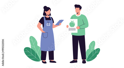 Nutritionist or dietician wearing an apron and holding a clipboard consults with a male client who is holding a healthy eating plan.