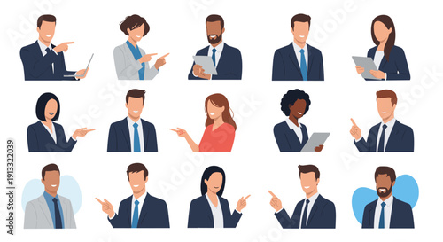Set of diverse business people portraits, including men and women of different ethnicities, pointing their fingers to present or indicate something.