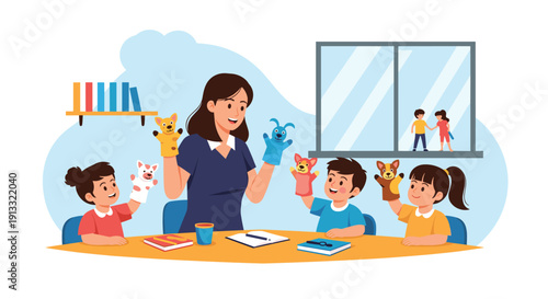 Female teacher in a classroom using cute animal hand puppets to entertain and educate a group of happy and engaged young children.