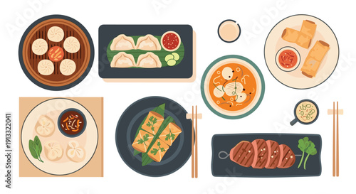 Top-down view of a delicious assortment of Asian cuisine, including dumplings, spring rolls, soup, and grilled meat, arranged for a meal.