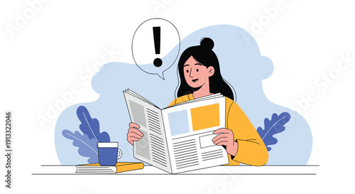 Young woman reading a newspaper with an exclamation mark in a speech bubble, reacting with surprise to some breaking news or an interesting article.