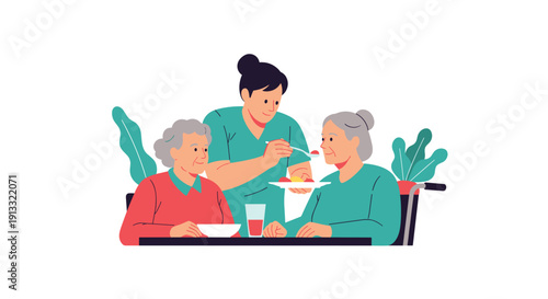 Caring female nurse or caregiver feeding a meal to an elderly woman in a wheelchair at a nursing home or assisted living facility.